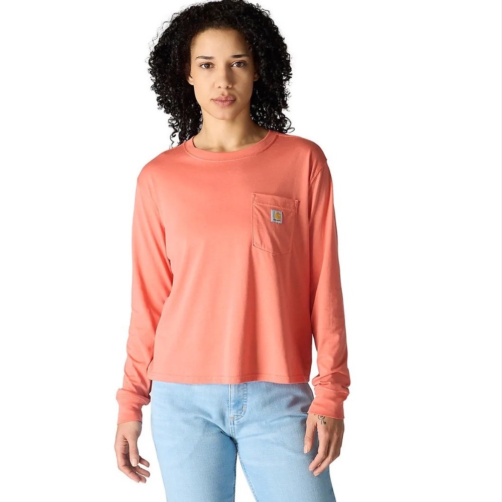 Carhartt Womens Loose Fit Long Sleeve Pocket T-Shirt Coral XL Dusty Cedar